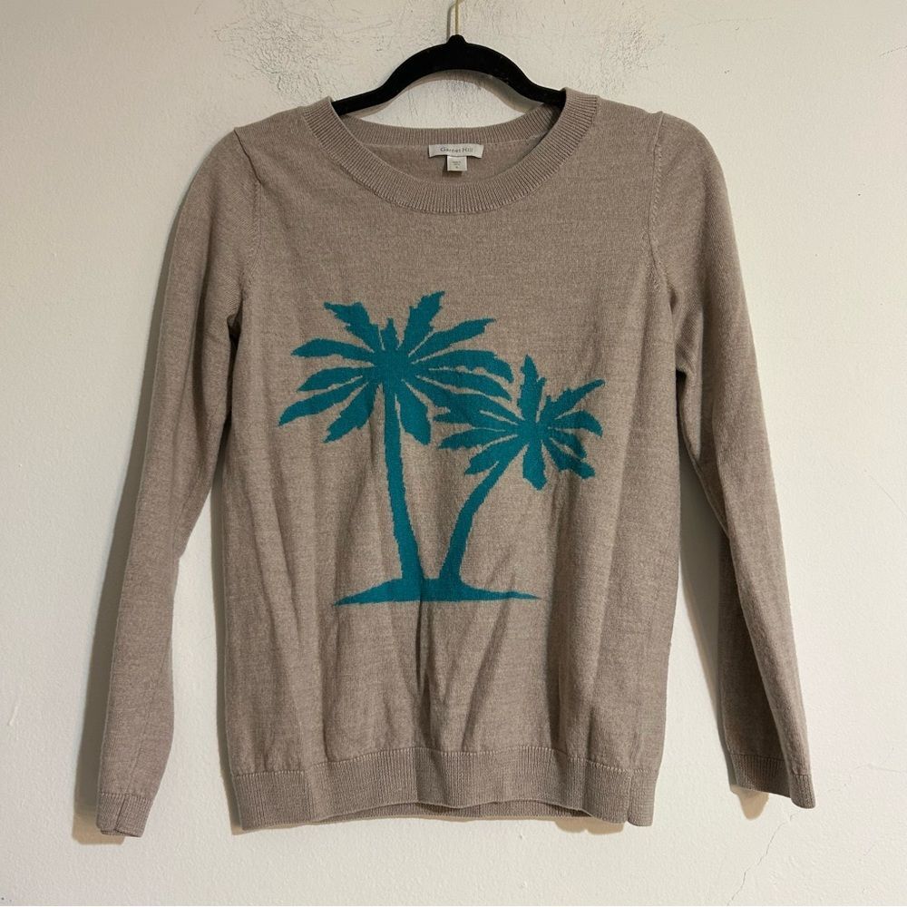 Garnet Hill Wool Palm Tree Graphic Crewneck Sweater Size Small